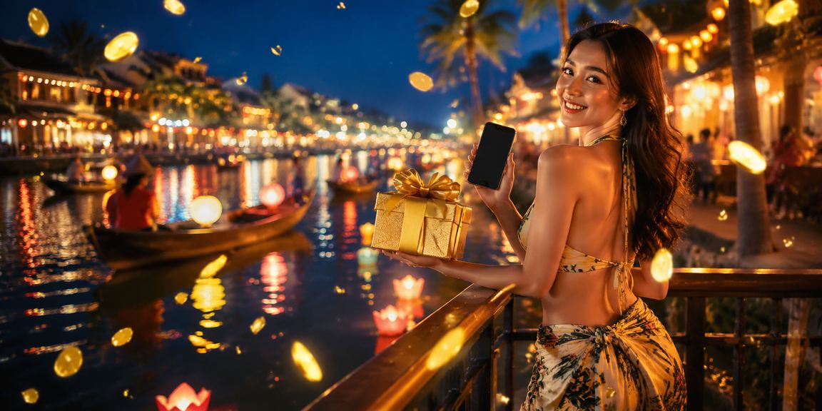 Người chơi dùng điện thoại Android trải nghiệm casino trực tuyến tại lễ hội Hội An